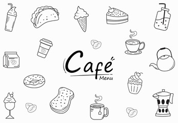 food and drink icons set. Outline doodle line art style illustration