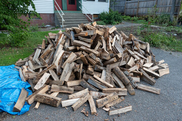 Cord of firewood piled in driveway, ready to be stacked