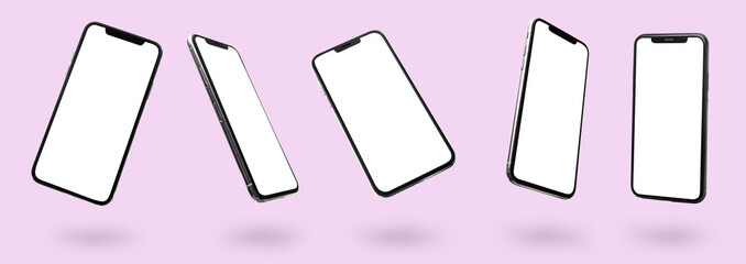 Set of mobile phones with blank screens on lilac background