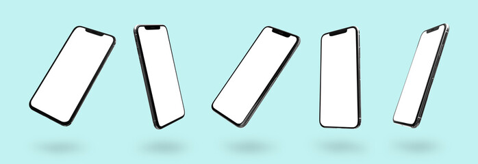 Set of mobile phones with blank screens on turquoise background