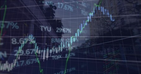 Animation of stock market data processing against time-lapse of people walking on the city bridge - Powered by Adobe