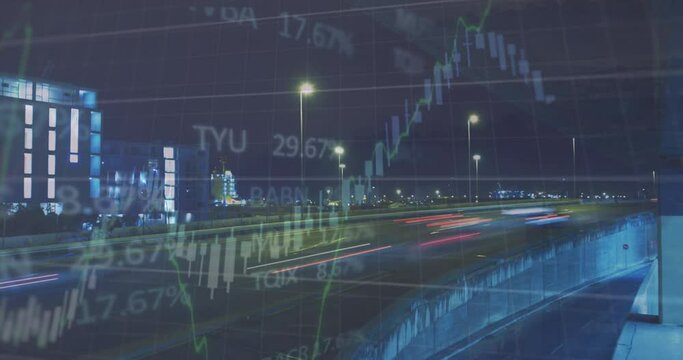Animation of stock market data processing against night city traffic
