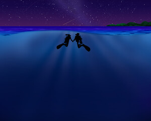 Scuba diver couple silhouette at Night, half underwater illustration	