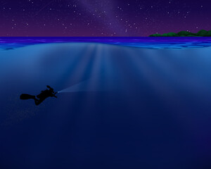 Fototapeta na wymiar Female Scuba diver silhouette at Night, half underwater illustration 