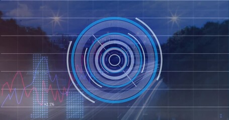 Animation of neon round scanner and statistical data processing against aerial view of city traffic - Powered by Adobe
