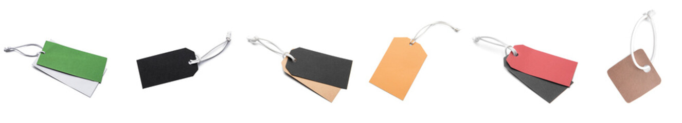 Collage of blank shopping tags on white background