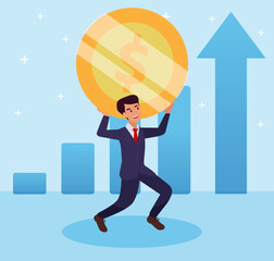 Man holding his balance goes along with the company rising stock. Vector business concept illustration, hand drawn sketch.