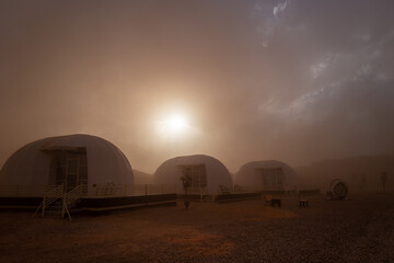 Sandstorm in a camp in the Wadi Rum desert in Jordan. 