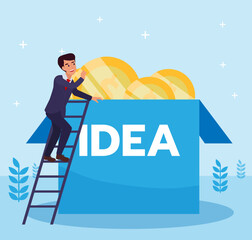 Business man searching for creative idea. Business man climbing to find an idea above the box. Flat design vector illustration
