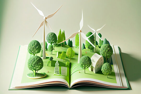 Open book of green city environment in 3d paper cut style with trees