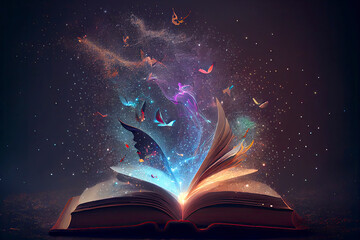 Opened magic fantasy book with magical particles flying above upwards - obrazy, fototapety, plakaty
