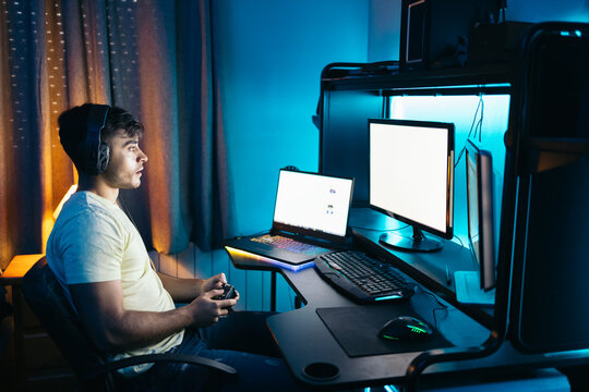 Gamer playing video games on pc