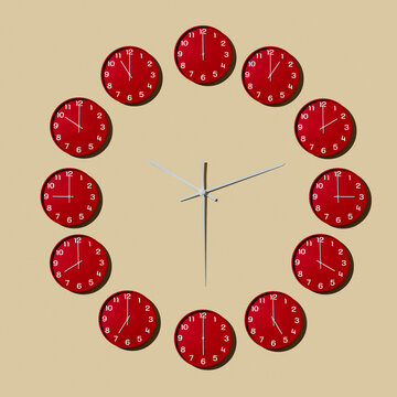 clocks set from 1 to 12, on the hour points of a clock