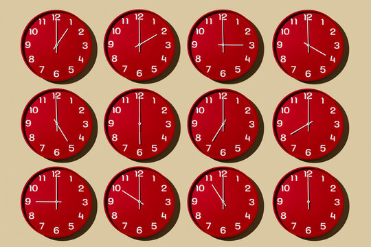 clocks set at different hours from 1 to 12