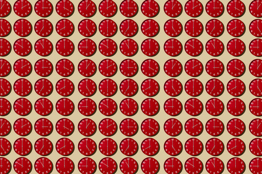 mosaic of red clocks set at different hours