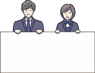 ホワイトボードを持った制服の学生男女のイラスト