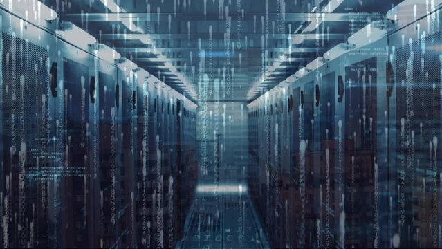 Animation of binary codes and computer language over data server racks