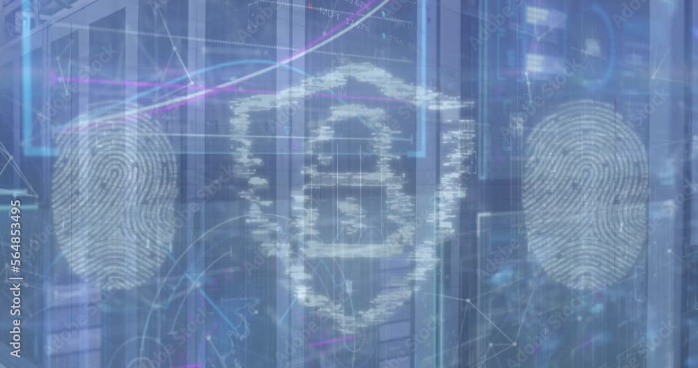 Aufkleber animation of lock and shield with fingerprints scanning over connected dots and graphs