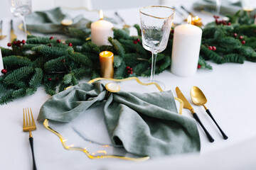 Christmas candle fir tableware decoration interior