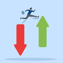 Financial Plan concept, saving and investment or stock market rebound and economic recovery concept, businessman investor confidence jumping from red arrow pointing to green.