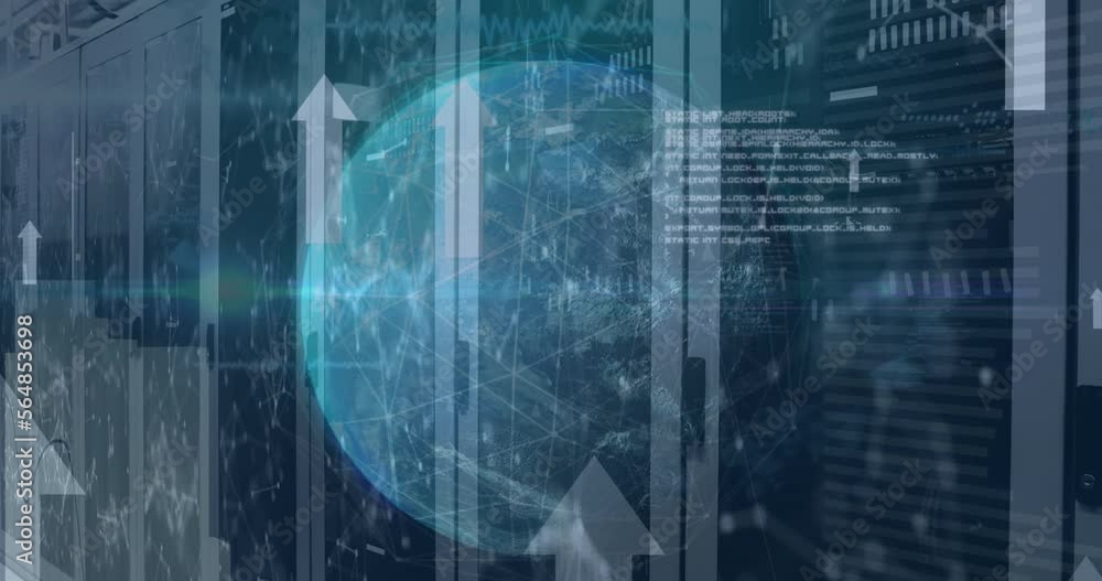 Poster animation of globe, connected dots, up arrow, computer language, graphs over data server racks