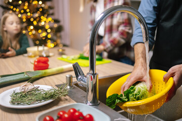 Preparation child wait meal  wash vegetable kitchen celebration