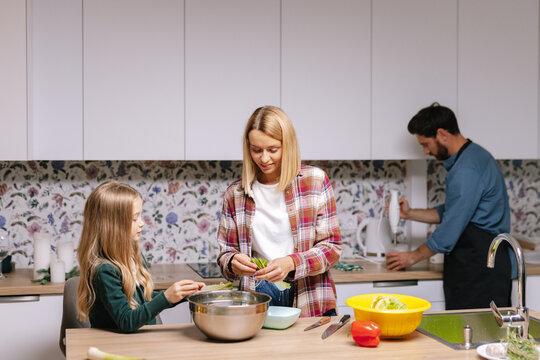 Family prepare  kitchen  fresh salad meal  Christmas together