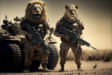 soldier lion with rifle warrior - obrazy, fototapety, plakaty