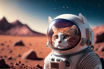 Astronaut cat on Mars, photorealistic. Generative AI
