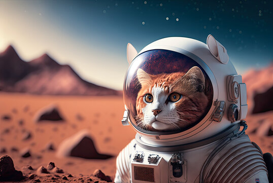Astronaut cat on Mars, photorealistic. Generative AI