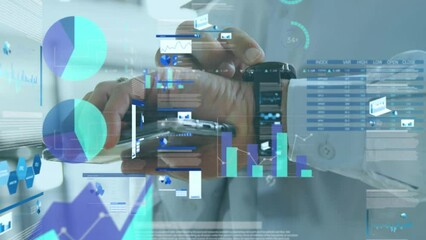 Animation of statistical data processing against mid section of a businessman using smartwatch - Powered by Adobe