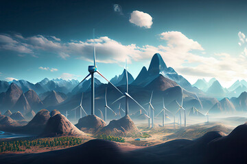 concept environment and renewable energy illustration. Wind turbines with city and mountain