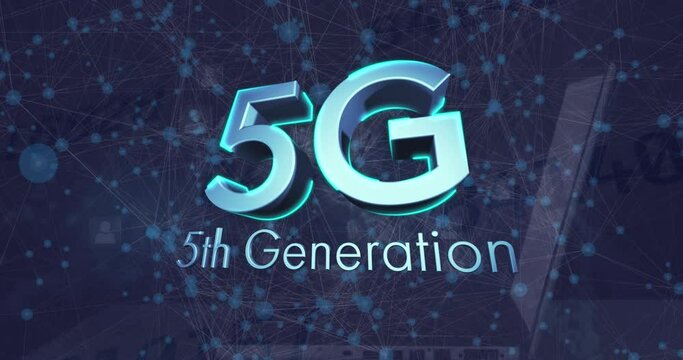 Animation of 5g text and network of connections over spinning globe and laptop