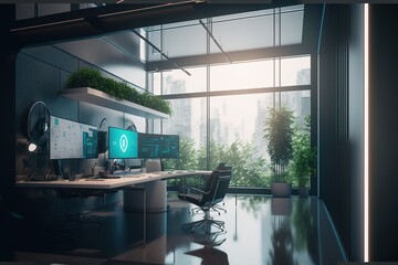 Modern futuristic open office room, collaborative space created with generative ai technology 