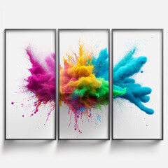 Fototapeta na wymiar Explosion of colorful powder in three frame.. Color powder freeze motion burst. 