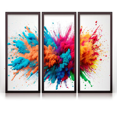 Explosion of colorful powder in three frame.. Color powder freeze motion burst. 