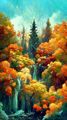 Fototapeta na wymiar autumn forest in the sunny morning illustration Generative AI Content by Midjourney