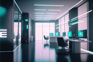Modern futuristic open office room, collaborative space created with generative ai technology 