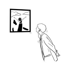 illustration of a woman looking at a painting in an art gallery exhibition