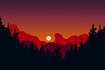 Sunset with the silhouette of mountains
