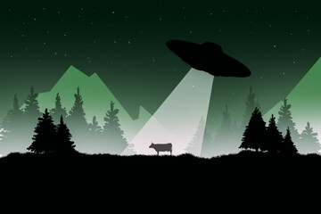 Silhouette of a cow abducted by a UFO