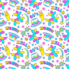 Fun seamless pattern with teen funk panama hat, naive 90's style sunglasses, rave balloon. 00's careless slogans, cool, vibrant rainbow tile background.