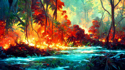 Tropical Rain forest Landscape flaming Tropical forest illustration Generative AI Content by Midjourney