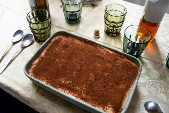 Home made tiramisu at the lunch table