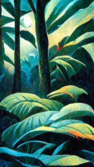 Tropical Rain forest Landscape Tropical forest in the night illustration Generative AI Content by Midjourney