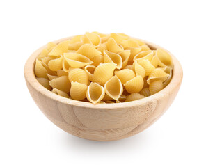 Bowl of raw conchiglioni pasta on white background