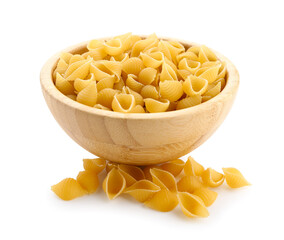 Bowl of raw conchiglioni pasta on white background