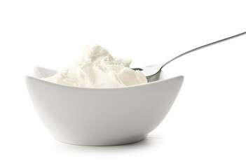 Bowl of delicious cream cheese on white background