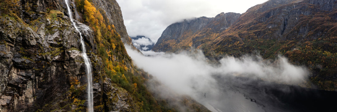 Naeroyfjord Waterfall autumn Aerial Aurland Vestland Norway