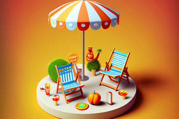 Deck chairs,lifebuoys,volleyball and umbrellas are placed in front of the smartphone